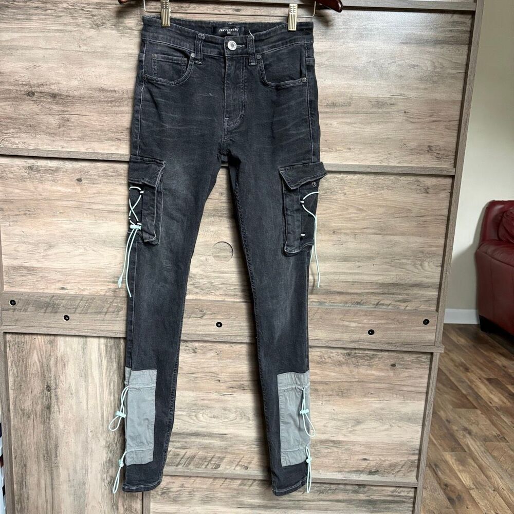 Serenede 28 Black Cargo Skinny Jeans Turquoise Patches Bungees Sporty Edgy Punk